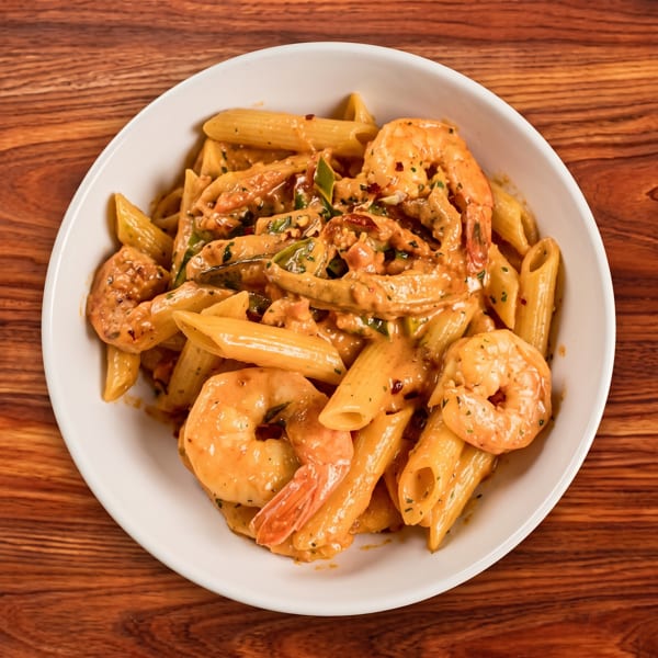 Creamy penne pasta with shrimp, herbs, and red pepper flakes served in a white bowl on a wooden table.