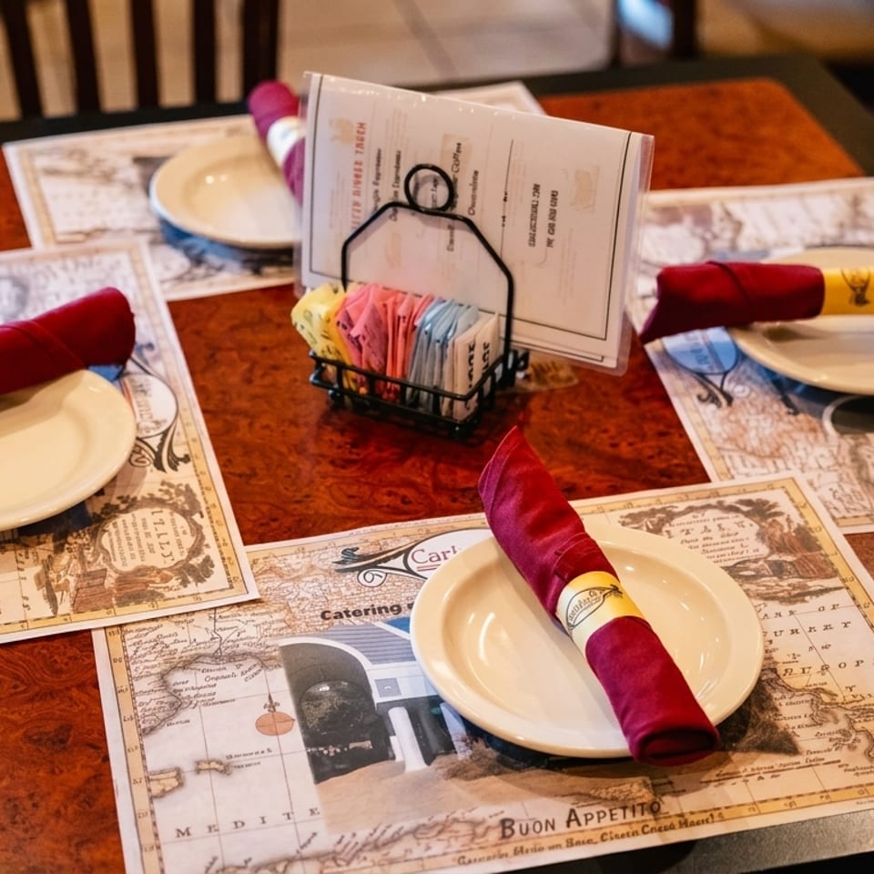 Restaurant table set with placemats, plates, red napkins, and a menu with sugar packets.