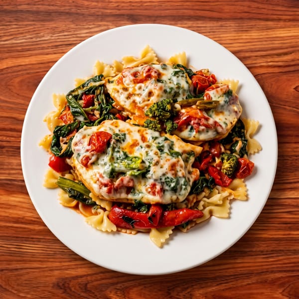 Cheesy chicken breasts with tomatoes, spinach, broccoli, and farfalle pasta served on a white plate over a wooden table.