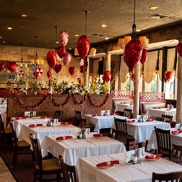 Restaurant dining room decorated with red heart balloons and garlands for Valentine's Day.