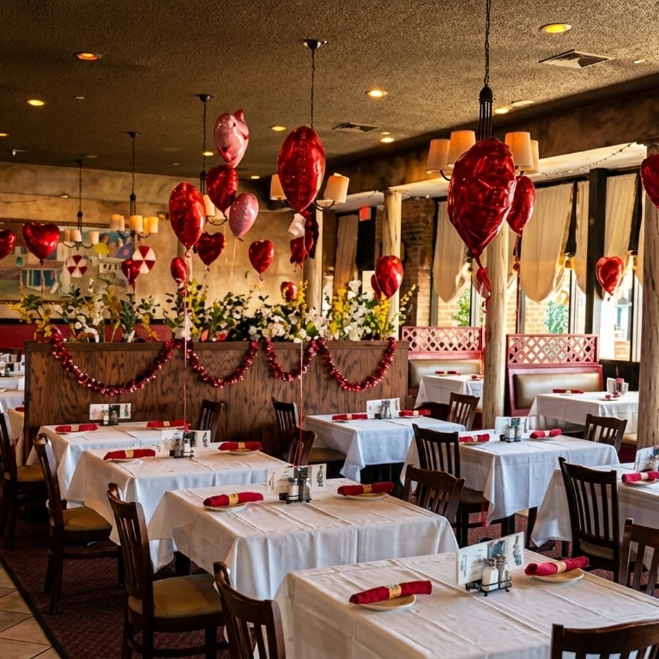 Restaurant dining room decorated with red heart balloons and garlands for Valentine's Day.