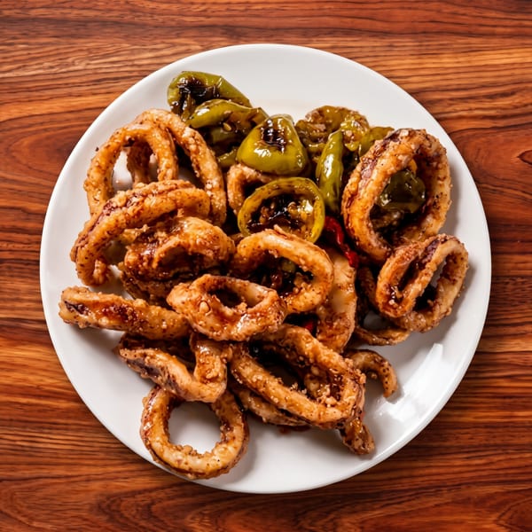 Plate of crispy fried calamari rings topped with sautéed green peppers on a wooden table.